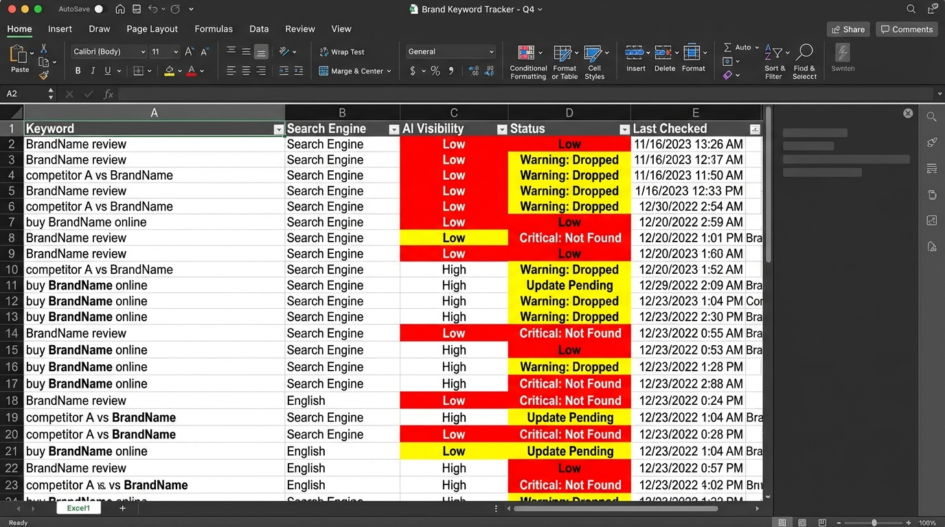 Messy Excel spreadsheet for keyword tracking